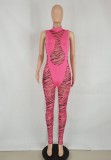 Rose Print Patch Mesh High Neck Sleeveless Bodycon Jumpsuit