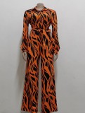 Orange and Black Print Button Up Long Sleeve Jumpsuit with Belt