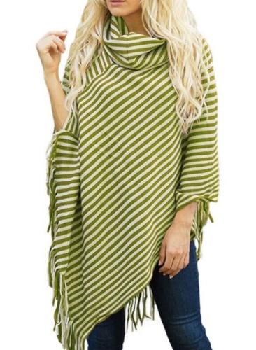 Green Kintted Striped Heaps Collar Pullover Fringe Asymmetric Top