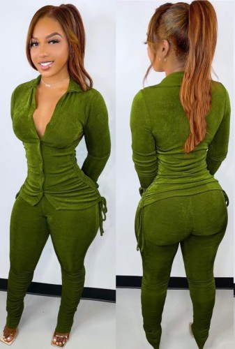 Green Button Up Long Sleeves Ruched Fitted Top and Pants 2PCS Set