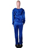 Blue Long Sleeves Drawstring Hoody Top and Pants 2PCS Tracksuit