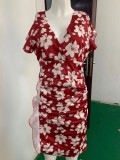 Print V-Neck Flounce Short Sleeve Ruched Midi Dress