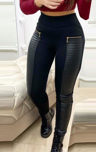 Black Pu Leather Patched Zipper Bodycon Pleated Pant