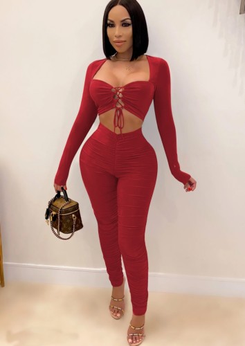 Red Lace Up Long Sleeves Crop Top and High Waist Ruched Pant 2PCS Set