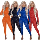 Orange Hollow Out Turtleneck Tight Top and High Waist Pants 2PCS Set