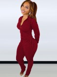 Red Button Up Long Sleeves Ruched Fitted Top and Pants 2PCS Set