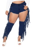 Plus Size Dk-Blue High Waist Cut Out Fringe Slim Fit Jeans