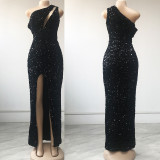 Black Sequin Slit Evening Dress