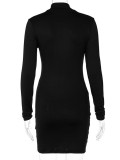 Black O-Neck Zipper Split Long Sleeve Sheath Mini Dress