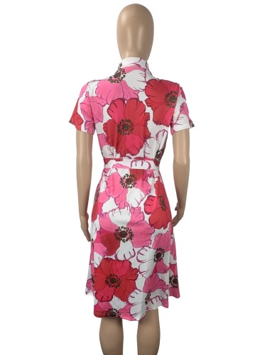 Print Button Up Short Sleeve Midi Blouse Dress with Belt