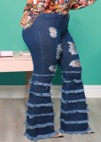 Plus Size Dk-Blue High Waist Ripped Layered Fringe Bell Bottom Jeans