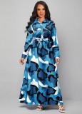 Print Blue A-line Turndown Collar Long Sleeves Maxi Dress