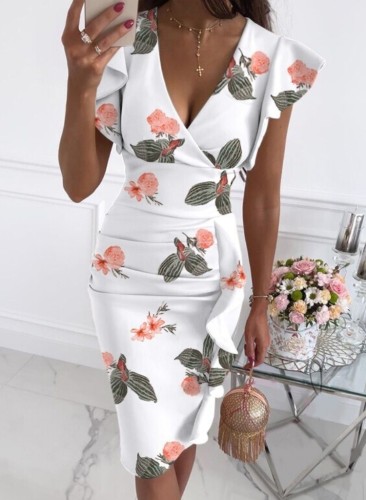 Print V-Neck Flounce Short Sleeve Ruched Midi Dress