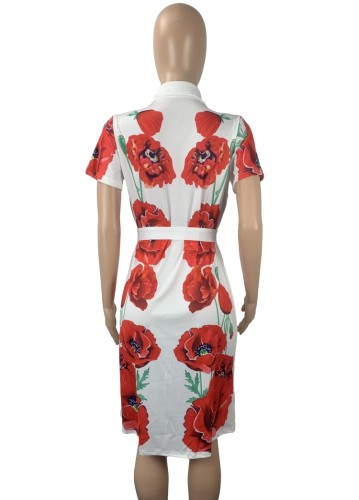 Print Button Up Short Sleeve Midi Blouse Dress with Belt