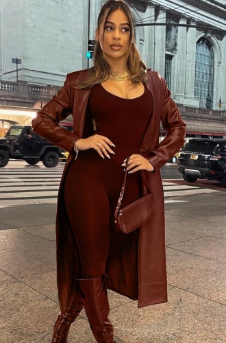 Brown Pu Leather Turndown Collar Long Sleeves Long Blazer Jacket