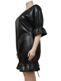 Plus Size Black Leather O-Neck 3/4 Sleeves Ruffles Midi Dress