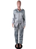 Grey Long Sleeves Drawstring Hoody Top and Pants 2PCS Tracksuit