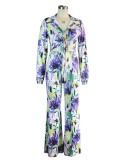 Flower Print Blue Knotted Button Up Blouse and Pants 2PCS Set