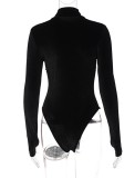 Black Velvet High Neck Fringe High Cut Long Sleeve Bodysuit with Half Gloves