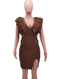 Brown Deep-V Flounce Short Sleeve Slit Midi Dress