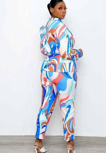 Print Long Sleeve Turndown Collar Blazer and Pants 2PCS Set