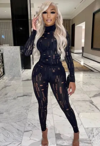 Black Hollow Out Turtleneck Tight Top and High Waist Pants 2PCS Set