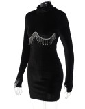 Black Velvet Fringe High Neck Long Sleeve Mini Dress
