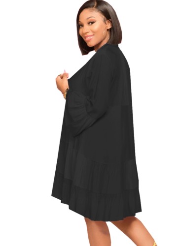 Black V-Neck Button Up Flare Long Sleeve Ruffles Blouse Dress