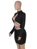 Black Lace Up Cut Out Long Sleeve Sheath Mini Dress