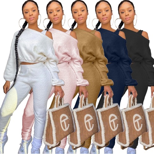 Blue Fleece Shoulder-exposed Long Sleeve Top And Pant 2PCS Set
