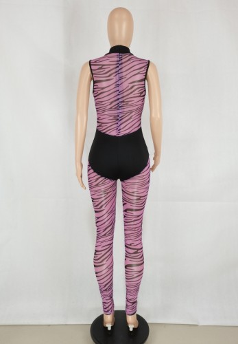 Purple Print Patch Mesh High Neck Sleeveless Bodycon Jumpsuit