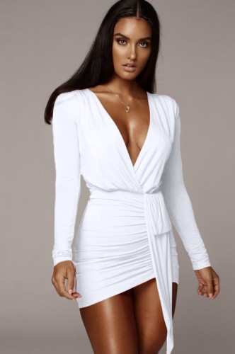 White Deep-V Long Sleeves Ruched Mini Cocktail Dress