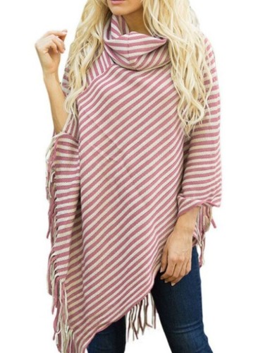 Pink Kintted Striped Heaps Collar Pullover Fringe Asymmetric Top