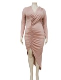 Plus Size Pink V-Neck Long Sleeve Wrap Irregular Long Dress