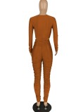 Brown Lace Up Long Sleeves Crop Top and High Waist Ruched Pant 2PCS Set