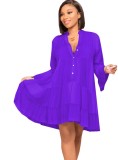 Purple V-Neck Button Up Flare Long Sleeve Ruffles Blouse Dress