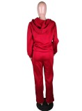 Red Long Sleeves Drawstring Hoody Top and Pants 2PCS Tracksuit