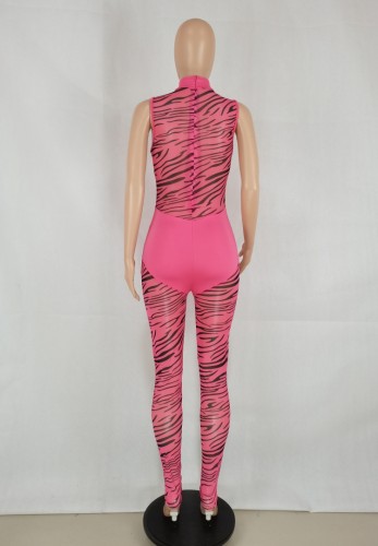 Rose Print Patch Mesh High Neck Sleeveless Bodycon Jumpsuit