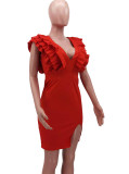 Red Deep-V Flounce Short Sleeve Slit Midi Dress