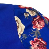 Flower Print Blue Half Puff Sleeve O-Neck Midi Dress