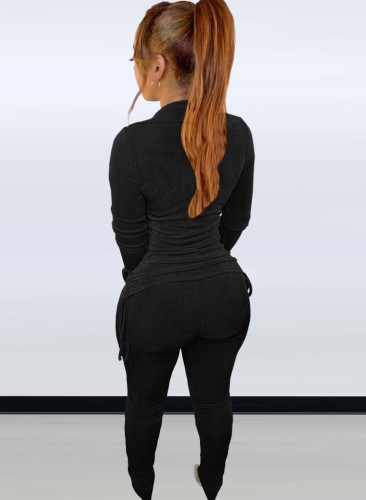 Black Button Up Long Sleeves Ruched Fitted Top and Pants 2PCS Set