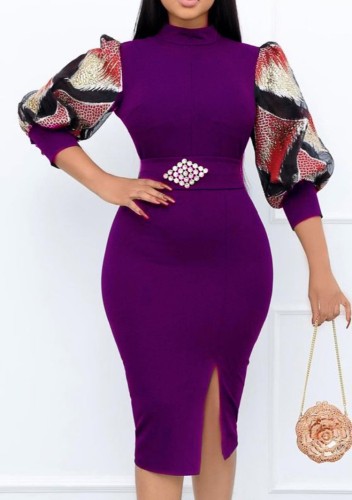 Print Purple Round Neck Puffed Sleeve Slit Sheath Midi Dress