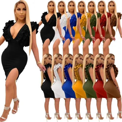 Green Deep-V Flounce Short Sleeve Slit Midi Dress