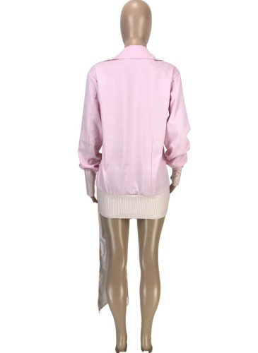 Pink Color Block Deep-V Long Sleeves Shirring Blouse
