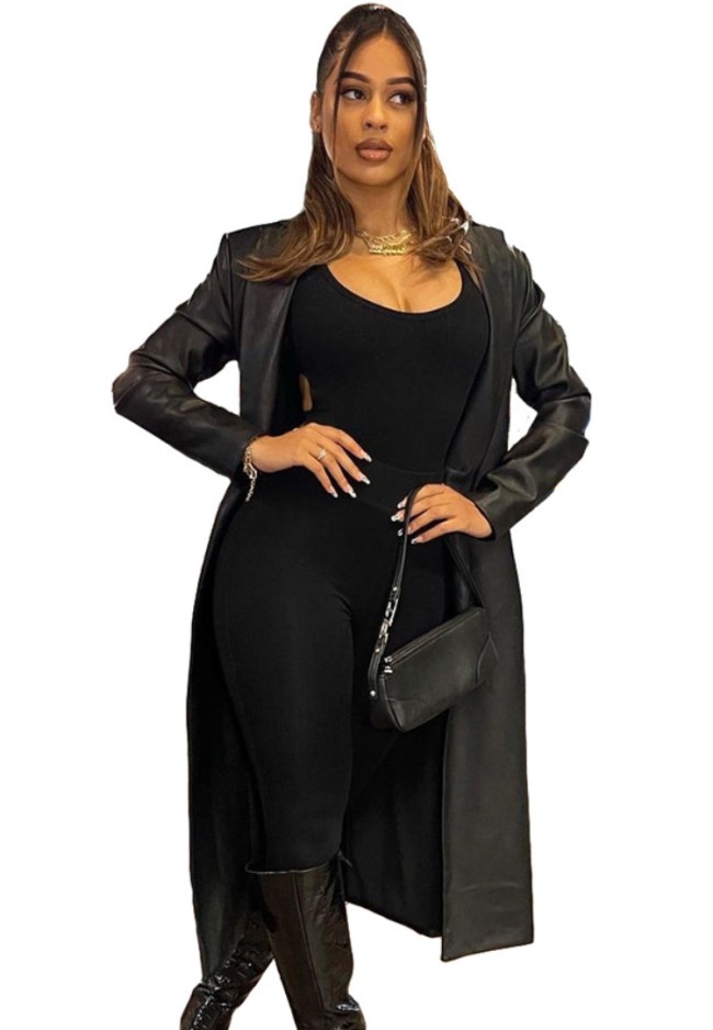Black Pu Leather Turndown Collar Long Sleeves Long Blazer Jacket
