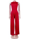 Red Round Neck Sleeveless Top And Loose Pant 2PCS Sets