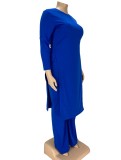 Plus Size Blue O-Neck Long Sleeve Slit Long Top And Pant 2PCS Set