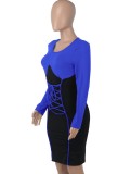 Blue and Black Contrast O-Neck Lace Up Long Sleeve Tight Midi Dress