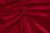 Red Velvet One Shoulder Single Sleeve Slit Ruched Long Dress