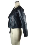 Black PU Leather Zipper Open Long Sleeve Short Jacket